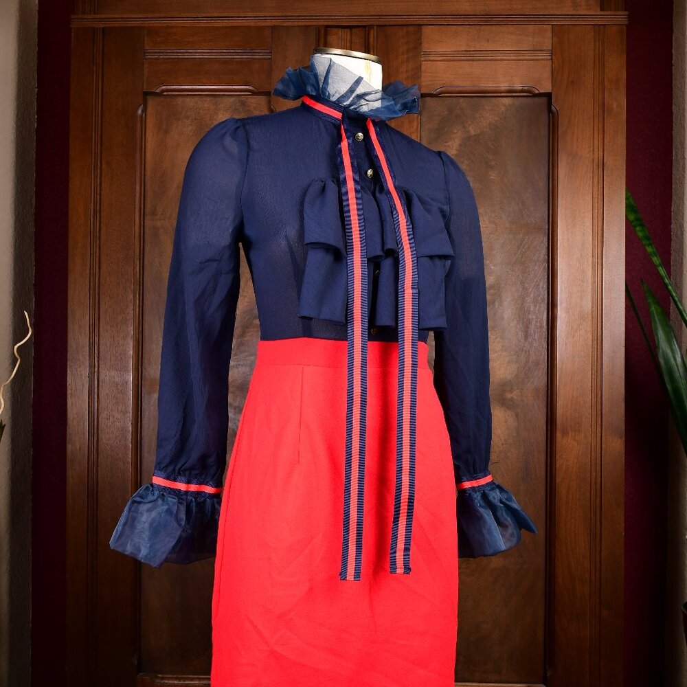 a'gaci Navy Blue and Red Long Sleeve Ruffle Dress